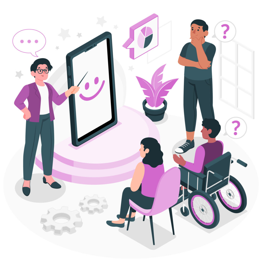 Eine Illustration einer Person, die drei Personen, von denen eine im Rollstuhl sitzt, ein Smiley-Gesicht auf einem großen Smartphone zeigt, symbolisiert selbstständiges Wohnen mit Hilfe digitaler Unterstützung. Fragezeichen deuten auf Neugierde hin; im Hintergrund sind Zahnräder, eine Pflanze und ein Fenster zu sehen.